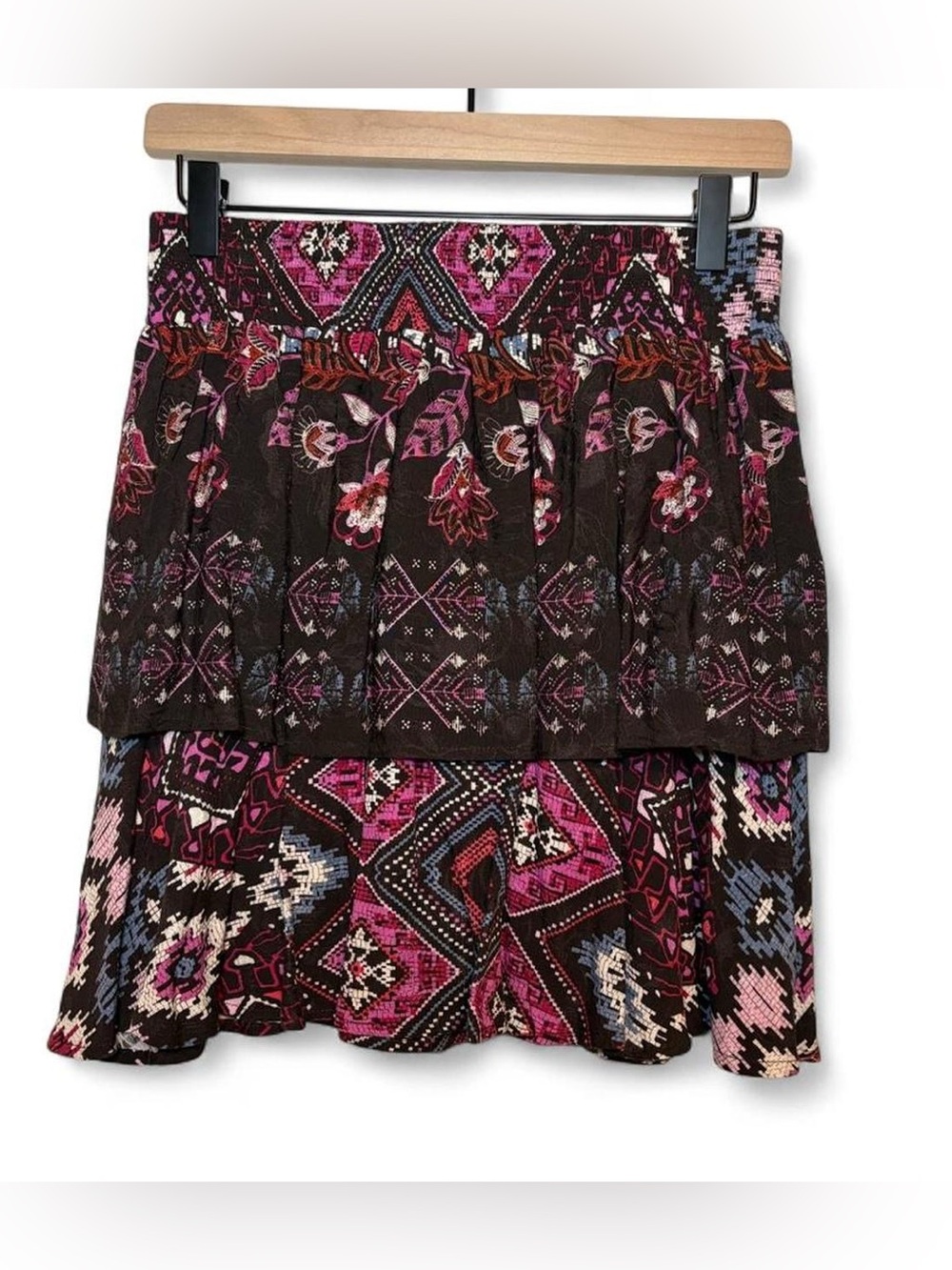 Skies Are Blue Multicolor Tiered Mini Skirt in Pink & Brown
